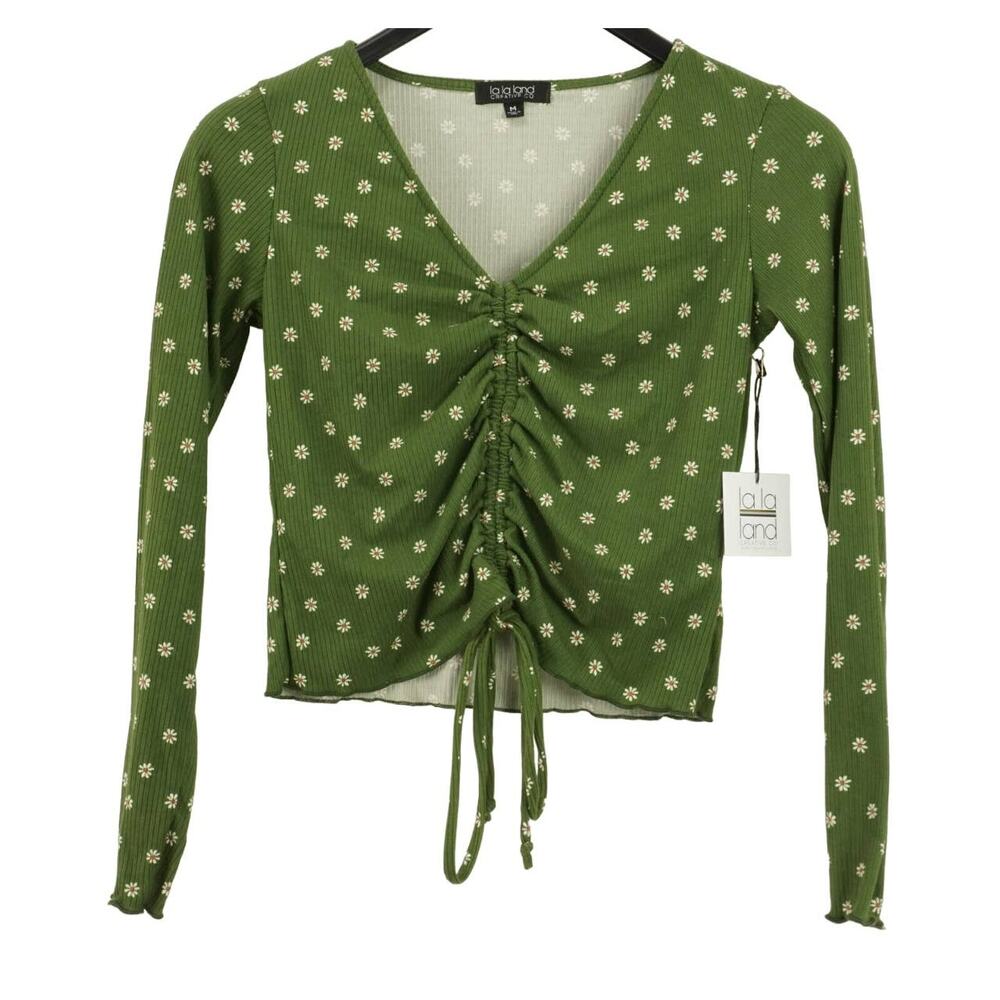 La La Land Creative Co Women's Ruched Crop Top Medium Sage Floral NWT V-Neck